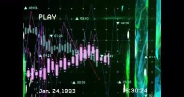 Birden fazla grafiğin üzerinde, ızgara deseninde hareket eden sayıların olduğu bir teknik animasyonu. Dijital olarak oluşturulmuş, hologram, rapor, finans, iş dünyası, ekran, iletişim ve teknoloji kavramı.