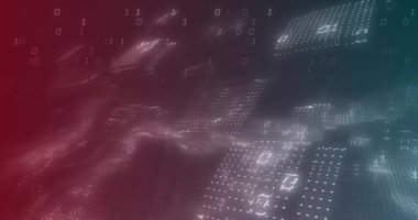 Kırmızı ve mavi arkaplanda dalgaların ve ikili kodların animasyonu. Veri işleme, bilgisayarlar ve teknoloji konsepti dijital olarak oluşturuldu.