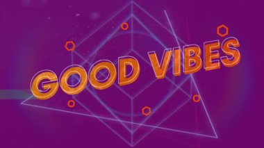 Mor arkaplan üzerinde 3D çizgi şekillerinin taşınması üzerine turuncu ile iyi titreşimlerin animasyonu Sosyal medya, iletişim ve dijital olarak oluşturulan geçmiş video konsepti