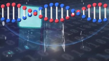 DNA ipliği, küre ve ikili kodlama veri işleme animasyonu. Küresel bilim, hesaplama, ağlar, bağlantılar ve veri işleme kavramı dijital olarak oluşturulmuş video.