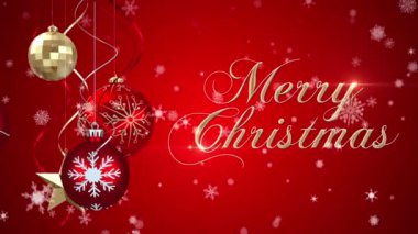 Kar ve kar tanelerinin üzerine takılar ve kurdeleler serpiştirilmiş mutlu noel mesajlarının animasyonu. Dijital olarak üretilmiş, hologram, kırmızı, dekorasyon, Noel şenliği, gelenek ve kış tatili konsepti.