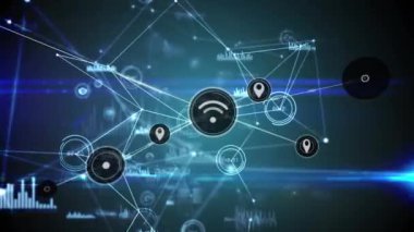 Dijital simgelerin ve veri işleme ağının mavi arkaplandaki ışık yollarında canlandırılması. Küresel ağ ve iş teknolojisi kavramı