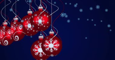 Animasyon kırmızı süslemeler ve kar yağıyor. Noel, şenlik, kutlama ve gelenek konsepti dijital olarak oluşturuldu.