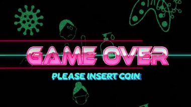 Siyah arkaplandaki simgeler yerine metin üzerinden oyunun canlandırması. Küresel sosyal medya ve dijital arayüz kavramı dijital olarak oluşturulmuş video.