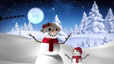 Kızak ve kış manzarasında Noel Baba ile kardan adamların üzerine yağan kar animasyonu. Noel, gelenek ve kutlama konsepti dijital olarak oluşturuldu.