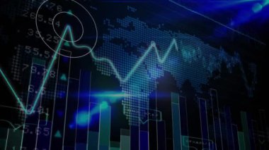 Çoklu grafik animasyonu, ticaret tahtası, lens fişeği, ses dalgası ve soyut arkaplan üzerinde harita. Dijital olarak üretilmiş, hologram, rapor, finans, borsa, yatırım ve küresel konsept.