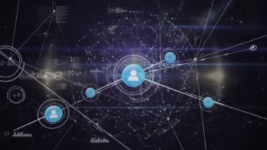 Siyah arkaplanda simgelerle ve bağlantı ağlarıyla bağlantı ağının animasyonu. Dijital olarak oluşturulmuş küresel iletişim ağı ve veri paylaşım konsepti.