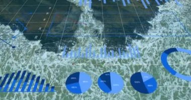 Okyanusta su sıçratan dalgaların hava görüntüsünün üzerindeki bilgi arayüzünün animasyonu. Dijital bileşik, çoklu pozlama, rapor, finans, ticaret, su, grafik, insansız hava aracı ve teknoloji kavramı.