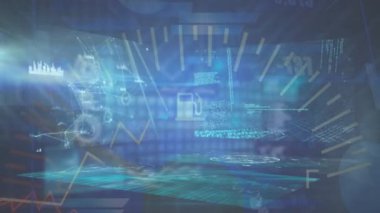 Veri işleme üzerine simgelerle bağlantı ağının animasyonu. Küresel hesaplama, finans, iş, bağlantılar ve dijital olarak oluşturulan veri işleme kavramı