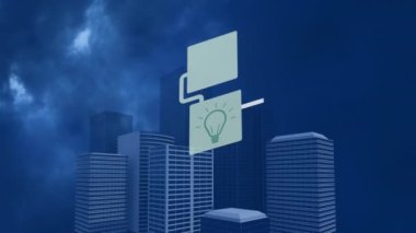 Şehir manzarası üzerinde medya simgelerinin canlandırılması. Küresel iş, finans ve dijital arayüz kavramı dijital olarak oluşturulmuş video.