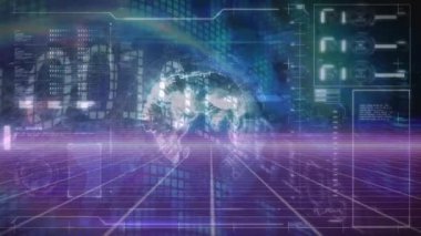 Soyut arkaplan ile veritabanı eşleşen ikili kodların ve dünyanın animasyonu. Dijital olarak üretilmiş, hologram, aydınlatma, kodlama, makine öğrenme ve teknoloji kavramı.