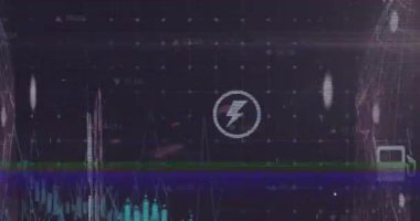 Değişken simgeler, grafikler ve soyut arkaplandaki bağlantılı noktalar üzerindeki hata tekniğinin animasyonu. Dijital olarak üretilmiş, hologram, rapor, finans, iletişim ve teknoloji kavramı.