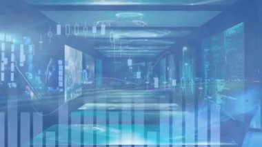 Gece şehir trafiğine karşı veri işleme sistemli birden fazla ekranın animasyonu. Bilgisayar arayüzü ve iş teknolojisi kavramı