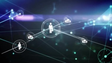 Profil simgeleri ağının mavi arkaplan üzerindeki ışık yollarının animasyonu. Küresel ağ ve iş teknolojisi kavramı