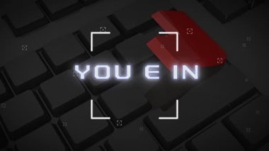 Veri işleme animasyonu ve klavye üzerinden metin kazanmak. Küresel iş, finans ve dijital arayüz kavramı dijital olarak oluşturulmuş video.