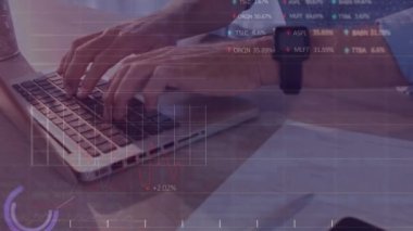 Ofisteki dizüstü bilgisayarla orta bölüm üzerinden borsa veri işleme animasyonu. Küresel ekonomi ve iş veri teknolojisi kavramı
