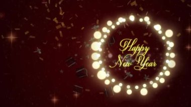 Birden fazla parlak ışık noktası olan Noel kutlamaları, altın konfetilerin düşüşü ve Noel hediyeleri.