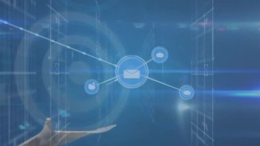 Güvercin üzerindeki simgelerle bağlantı ağının animasyonu. Dijital olarak oluşturulmuş küresel bağlantılar, teknoloji ve dijital arayüz kavramı.