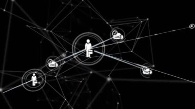Siyah arkaplan üzerinde hareket eden çizgilerle bağlantılı simgelerin canlandırılması. Dijital olarak üretilmiş, hologram, illüstrasyon, aydınlanma, iş, soyut, iletişim ve teknoloji kavramı.