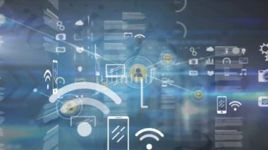 Veri işleme üzerinde veri işleme ağı üzerindeki simgelerle bağlantı ağının animasyonunun canlandırılması. Dijital olarak oluşturulmuş küresel finans, iş, bağlantılar ve veri işleme kavramı