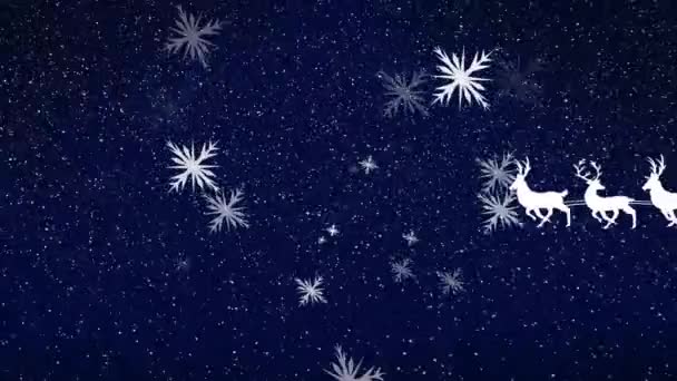 雪橇上的桑塔爪和雪橇上的桑塔爪在红色背景上降雪时的动画效果 圣诞节和庆祝活动概念数字制作的视频 — 图库视频影像