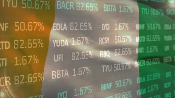 象牙海岸の旗の上に株式市場のアニメーション グローバル金融 ビジネス デジタルインターフェイスの概念デジタル生成されたビデオ — ストック動画