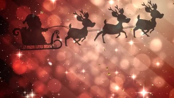 Анімація Санта Клауса Санчатах Оленями Над Ялинковими Сяючими Плямами Різдво — стокове відео