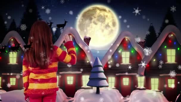 Animación Santa Claus Trineo Con Renos Sobre Niñas Casas Navidad — Vídeo de stock