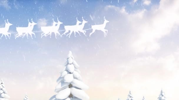 Animazione Neve Che Cade Babbo Natale Slitta Con Renne Sul — Video Stock