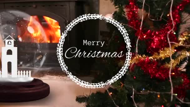 Animation Joyeux Noël Couronne Église Boule Cristal Sur Cheminée Arbre — Video