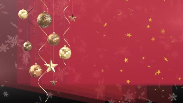 Animation Hängande Jul Grannlåt Dekorationer Över Snöflingor Och Stjärnor Röd — Stockvideo
