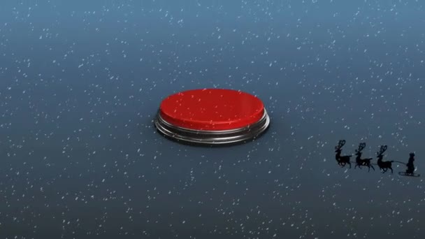 雪のアニメーションは 赤いボタンに対して反逆者によって引っ張らされてそりでサンタクラスの上に落ちています クリスマスのお祭りとお祝いのコンセプト — ストック動画