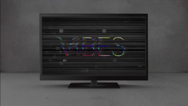 Animation Von Vibes Text Weiß Über Interferenzen Auf Flachbildschirm Monitor — Stockvideo