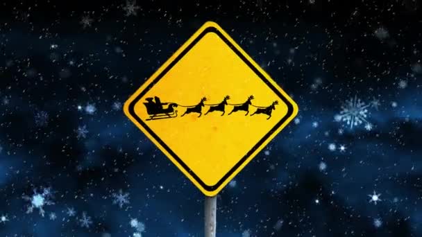Santa Claus Sleigh Being Pulled Reindeers Yellow Sign Board Black — Stock Video