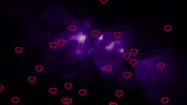 Animation Multiple Red Heart Icons Floating Purple Digital Waves Black — Stock Video