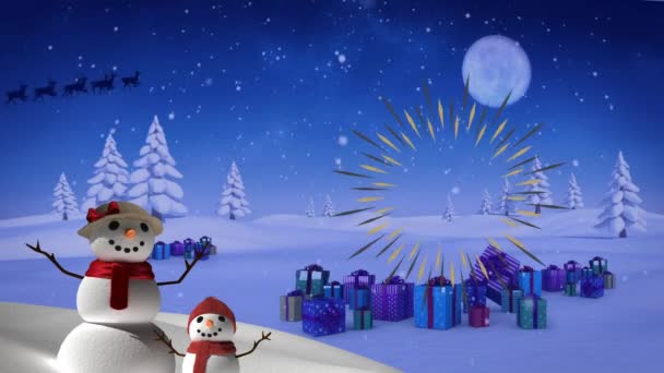 Animace Santa Clause Saních Soby Přes Vánoční Dárky Sněhuláky Vánoce — Stock video