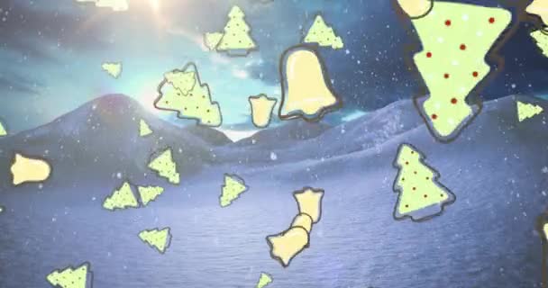 Animacja Śniegu Spadającego Nad Choinką Ikonami Dzwonów Spadającymi Zimowy Krajobraz — Wideo stockowe