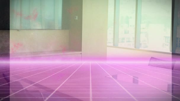 オフィスで窓を通して見て思慮深い原因アジアの男の上に照明グリッドパターンのアニメーション デジタル複合体 複数の露出 ビジネス 起業家 抽象的な概念 — ストック動画
