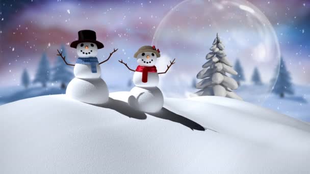雪人和雪球上飘扬着雪人的动画 冬天的风景上挂着圣诞树 圣诞节 传统和庆祝概念数字制作的录像 — 图库视频影像