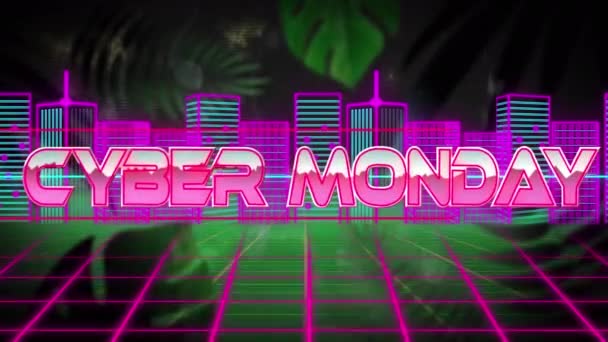 Animation Cyber Måndag Text Banner Över Neon Stadsmodell Mot Gröna — Stockvideo