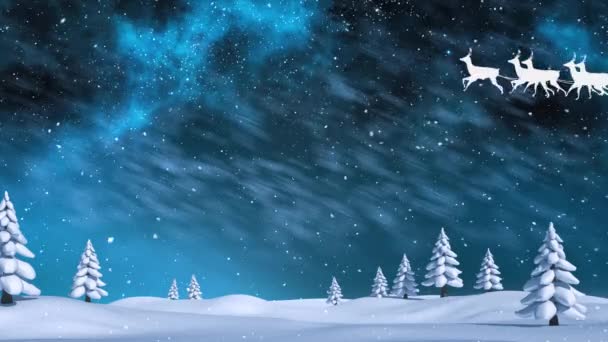 Анимация Санты Верхом Санях Северными Оленями Над Заснеженными Деревьями Землей — стоковое видео