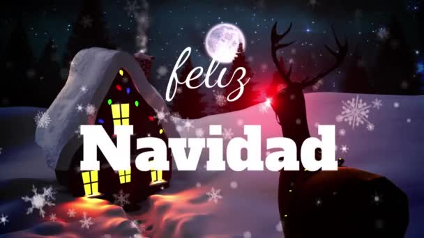 在这个数字动画中 一个圣诞场景被描绘成一个小木屋和红鼻子驯鹿的鲁道夫 这景色天衣无缝 田园诗般的 背景上轻轻飘着雪 — 图库视频影像