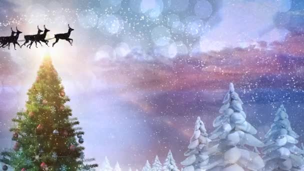 Анимация Снега Падающего Над Санта Клаусом Санях Северными Оленями Над — стоковое видео