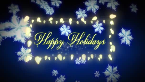 Animation Happy Holidays Text Fairy Lights Banner Snowflake Icons Blue — Stock Video