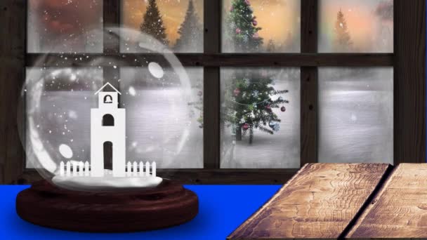 Świąteczna Tradycja Animacja Zimowej Scenerii Widziana Przez Okno Opadami Śniegu — Wideo stockowe