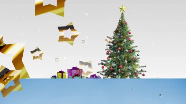 Animation Snö Faller Och Stjärnor Över Julgran Och Presenter Jul — Stockvideo