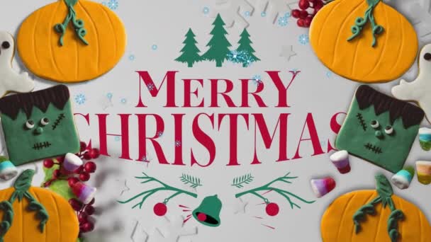 Animación Feliz Navidad Sobre Halloween Decoraciones Navidad Superficie Blanca Navidad — Vídeos de Stock