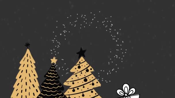 クリスマスツリーの上に回転する粒子のアニメーションやグレーの背景にアイコンを贈り物ます クリスマスのお祭りとお祝いのコンセプト — ストック動画