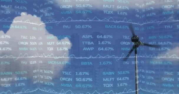 Анимация Обработки Данных Фондового Рынка Над Вращающейся Ветряной Мельницей Фоне — стоковое видео
