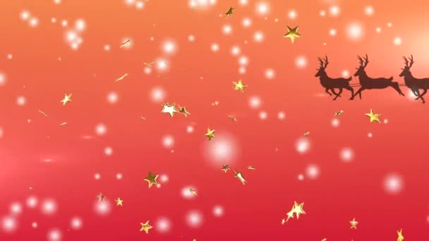 Анимация Санта Клауса Санях Оленями Рождество Золотые Звезды Светящиеся Пятна — стоковое видео